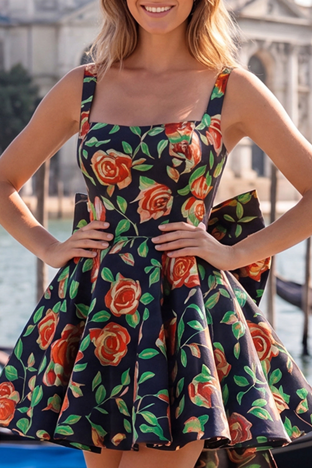 Floral Blue and Black A-Line Short Homecoming Dress with Bow