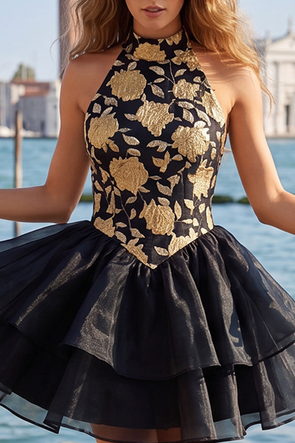 Gold and Black Floral Tiered High Neck Ruffled Short Homecoming Dress
