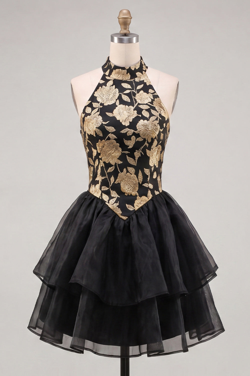 Gold and Black Floral Tiered High Neck Ruffled Short Homecoming Dress