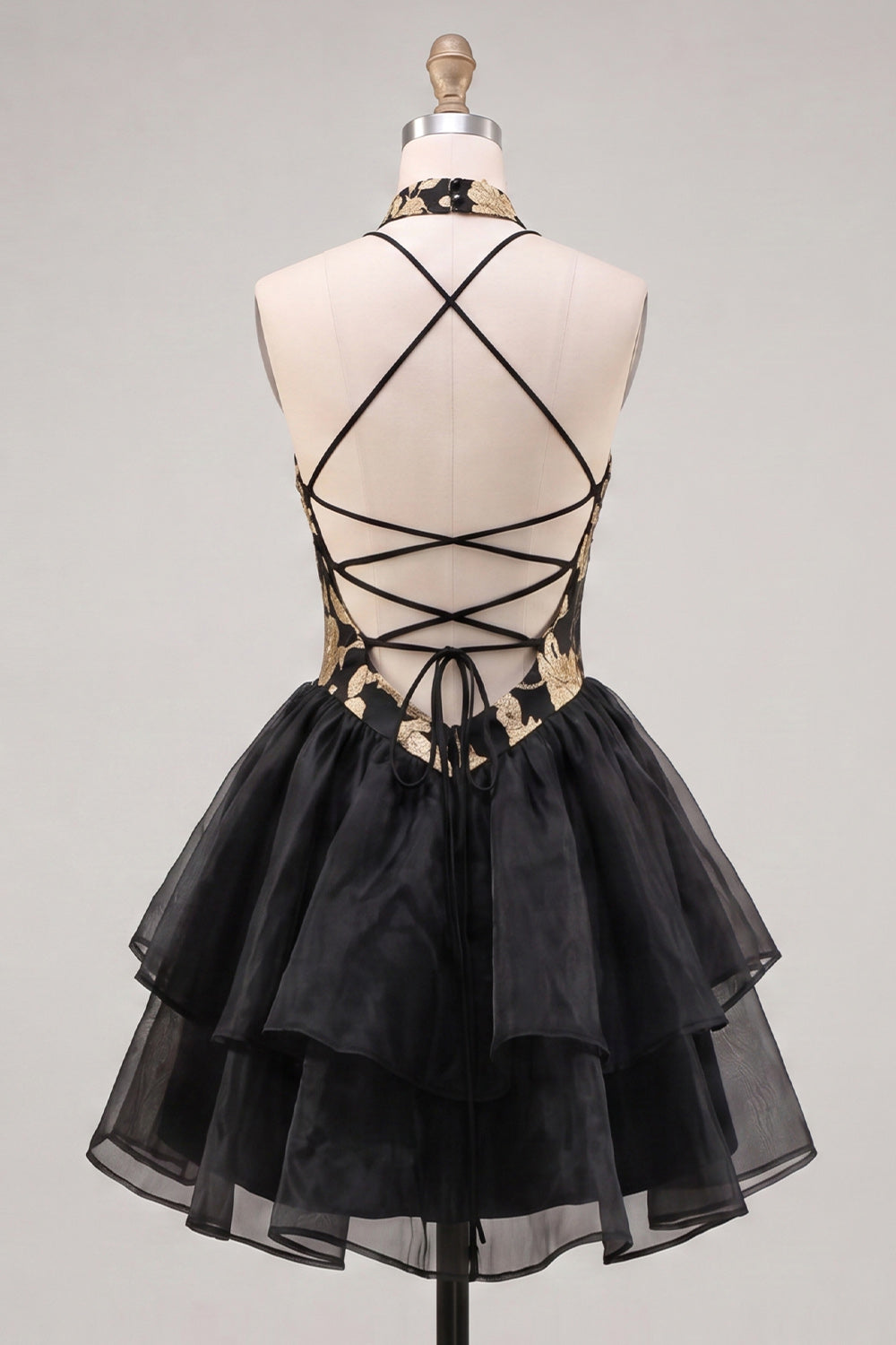 Gold and Black Floral Tiered High Neck Ruffled Short Homecoming Dress