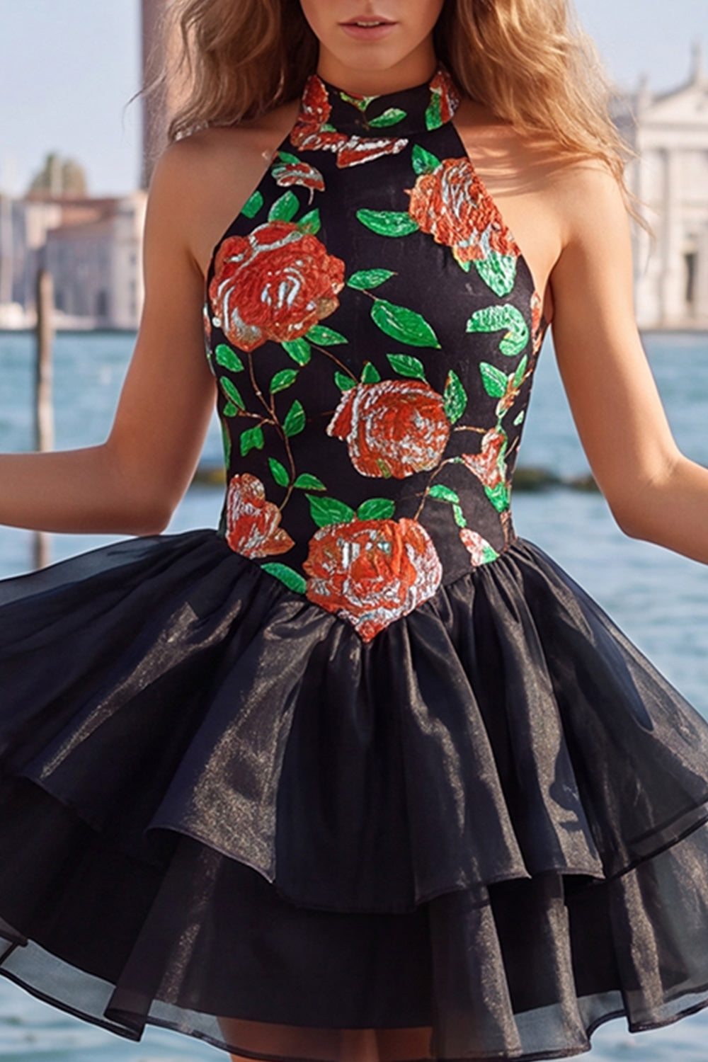 Gold and Black Floral Tiered High Neck Ruffled Short Homecoming Dress