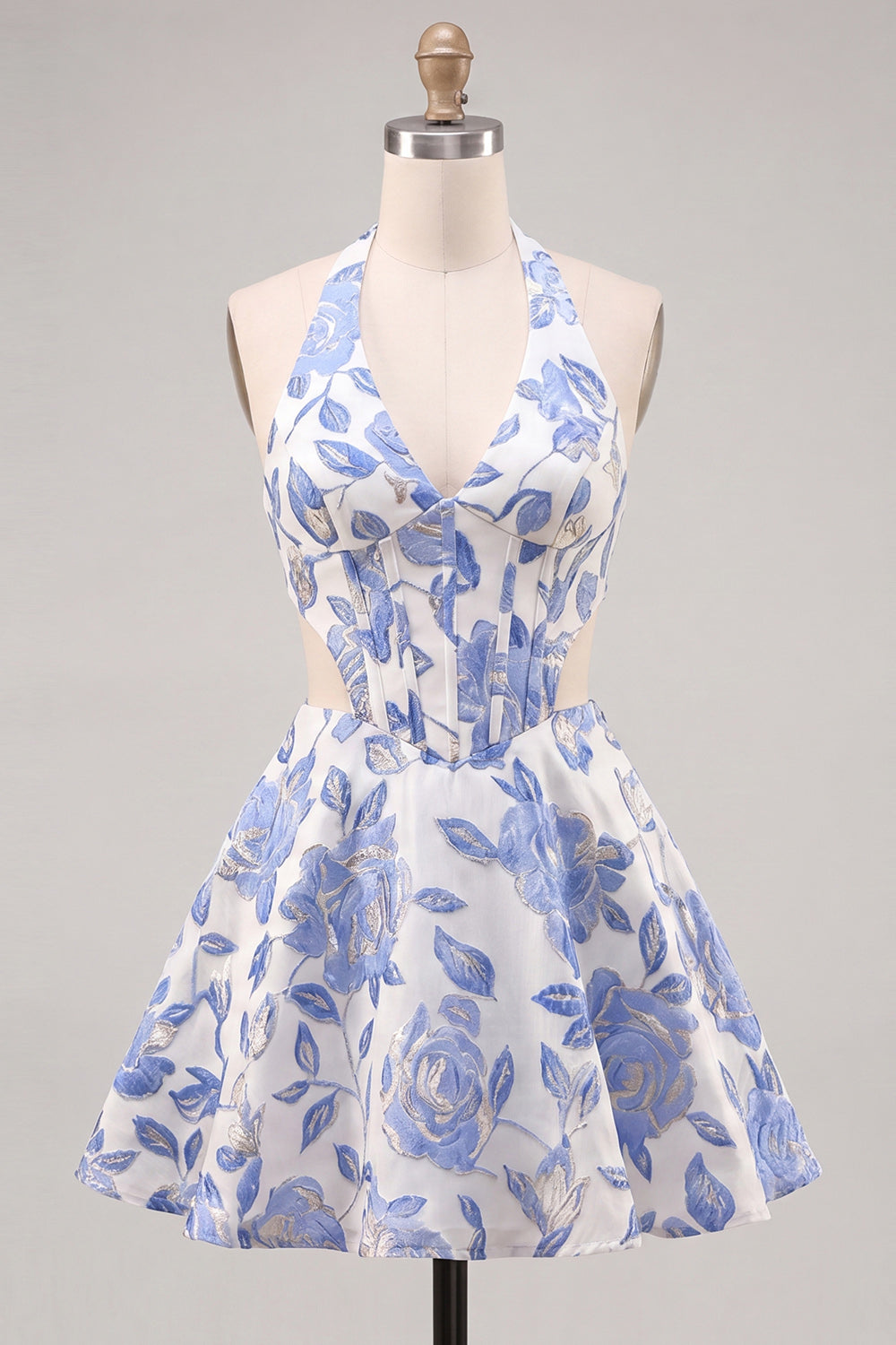 Floral Light Blue Halter Neck Cut Out Short Corset Homecoming Dress