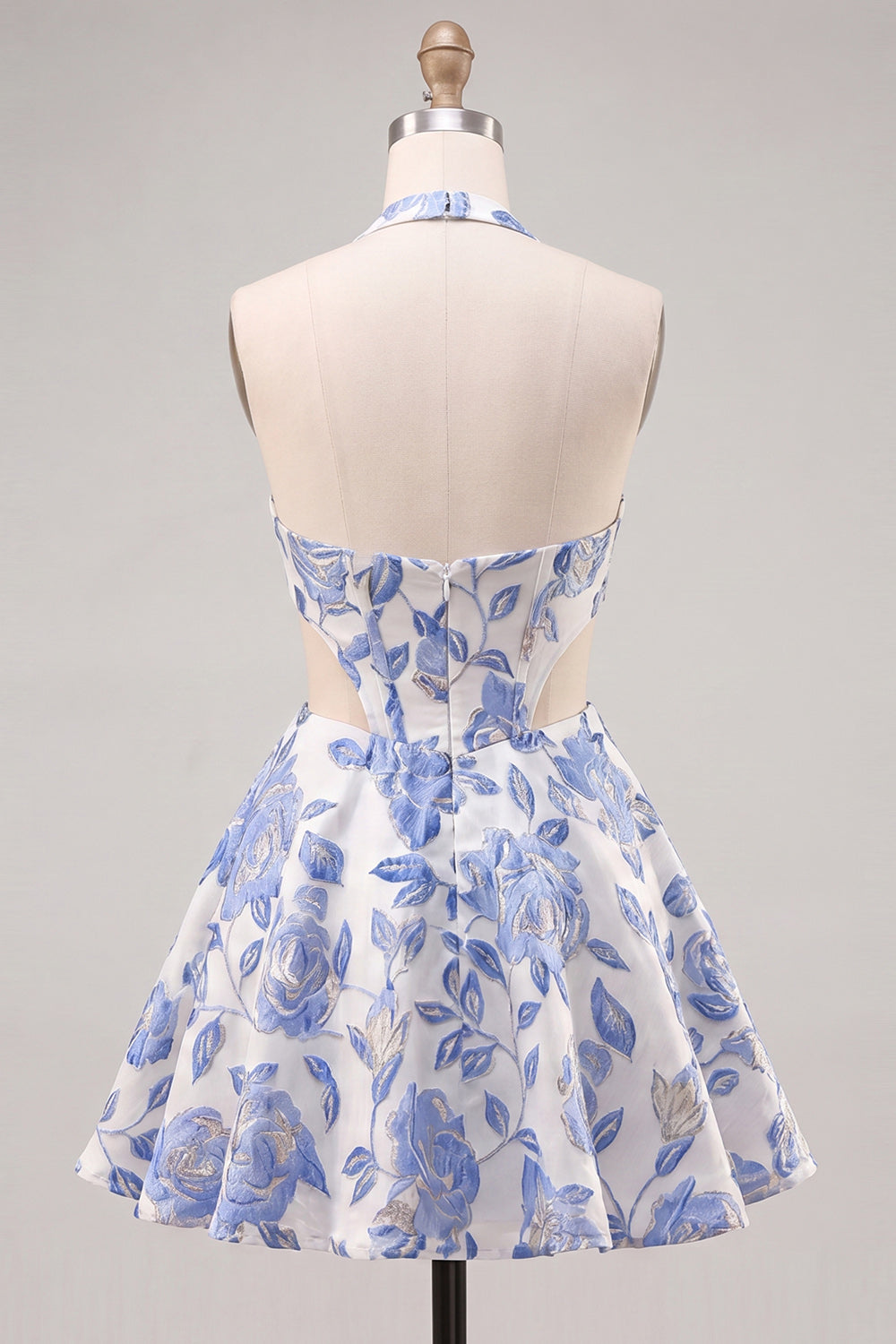 Floral Light Blue Halter Neck Cut Out Short Corset Homecoming Dress