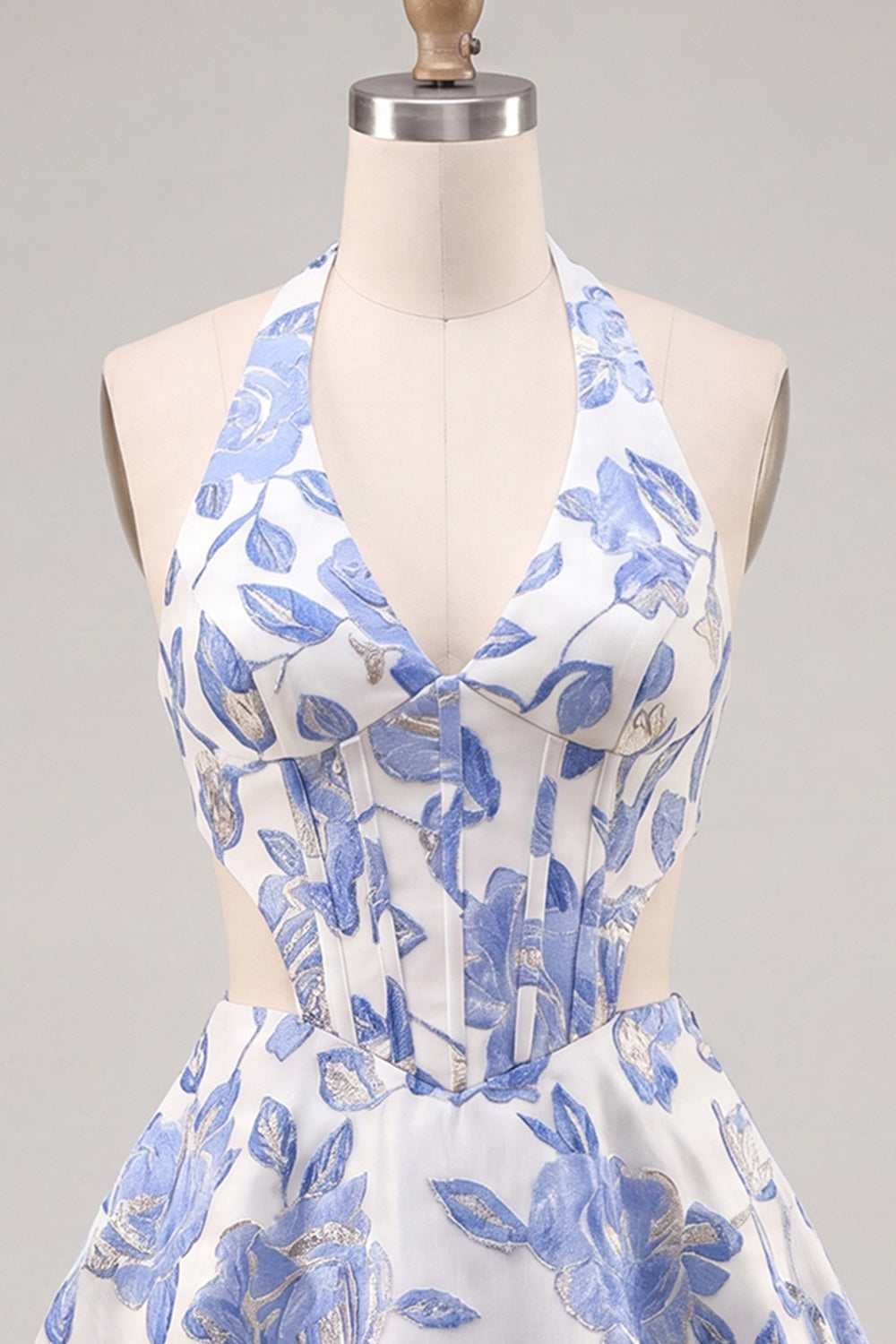 Floral Light Blue Halter Neck Cut Out Short Corset Homecoming Dress