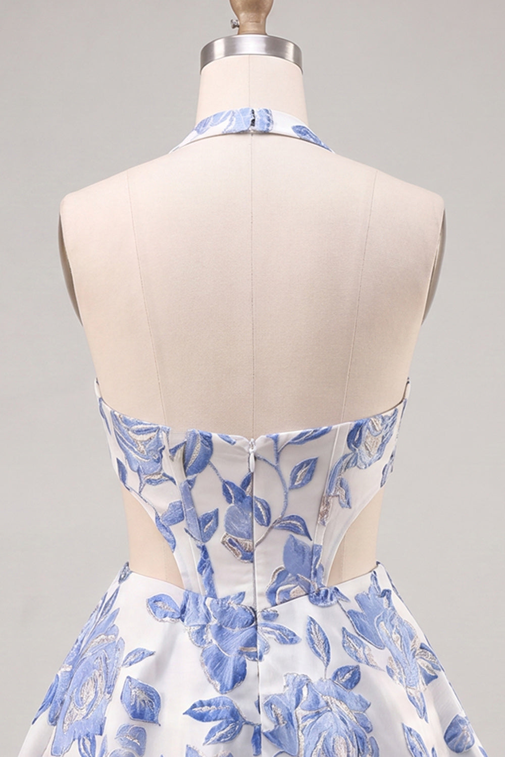 Floral Light Blue Halter Neck Cut Out Short Corset Homecoming Dress