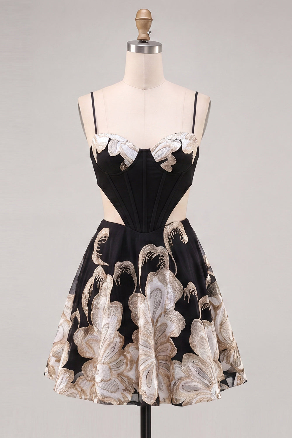 Sparkly Floral Black A-Line Short Corset Homecoming Dress