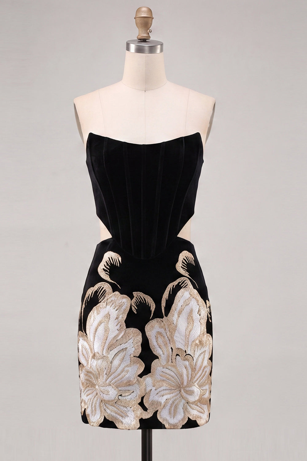 Floral Velvet Dark Green Strapless Cut Out Tight Short Corset Homecoming Dress