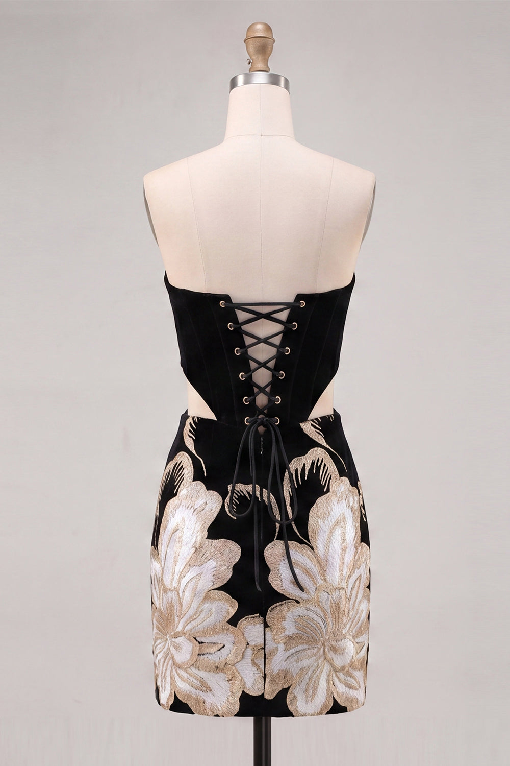 Floral Velvet Dark Green Strapless Cut Out Tight Short Corset Homecoming Dress