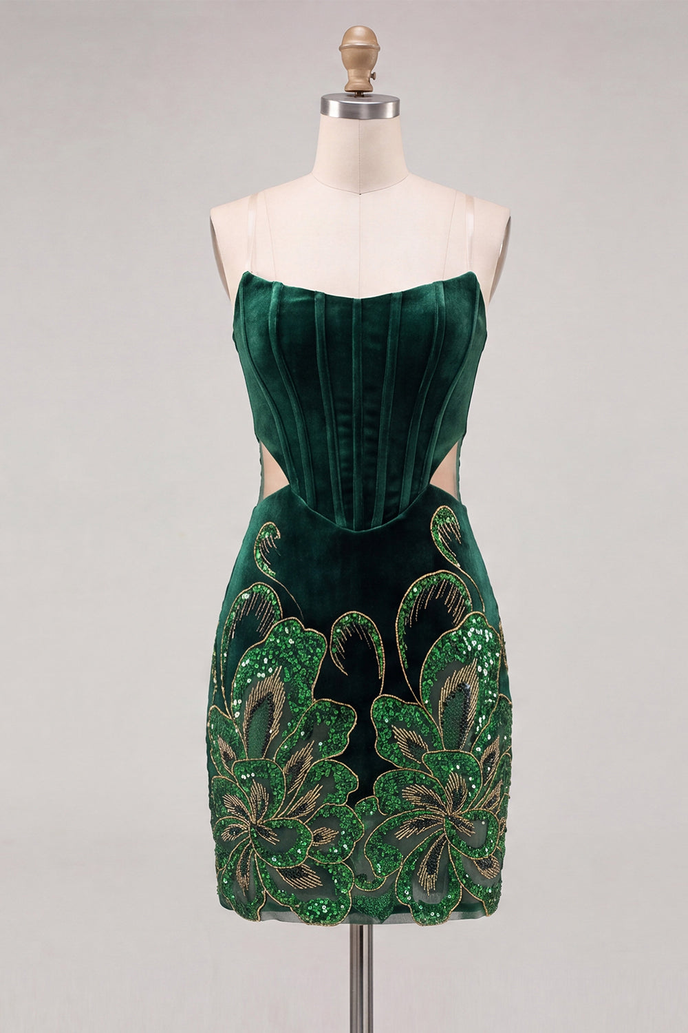 Floral Velvet Dark Green Strapless Cut Out Tight Short Corset Homecoming Dress