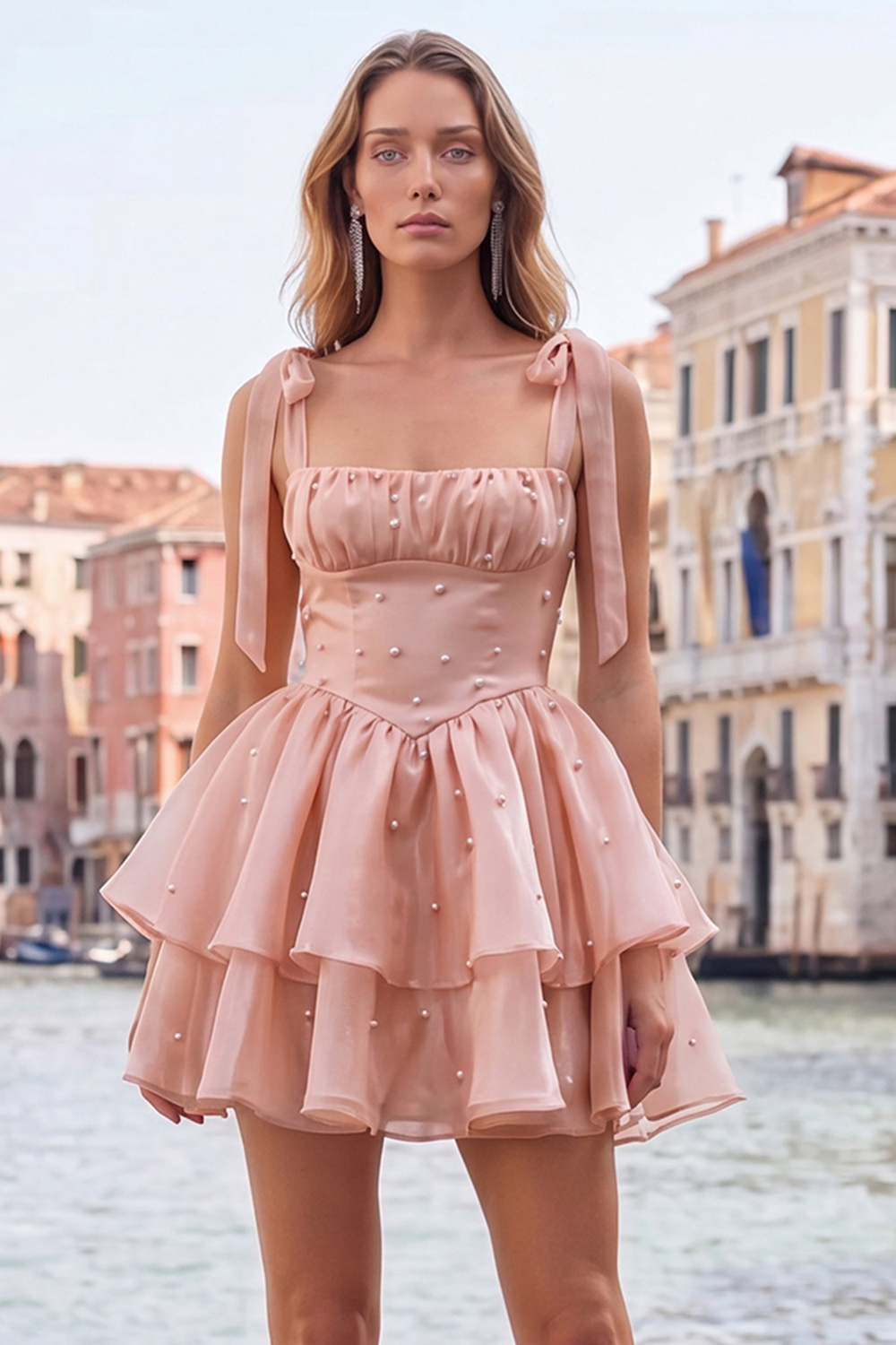 Light Green Ruffled Tiered A-Line Beaded Short Homecoming Dress