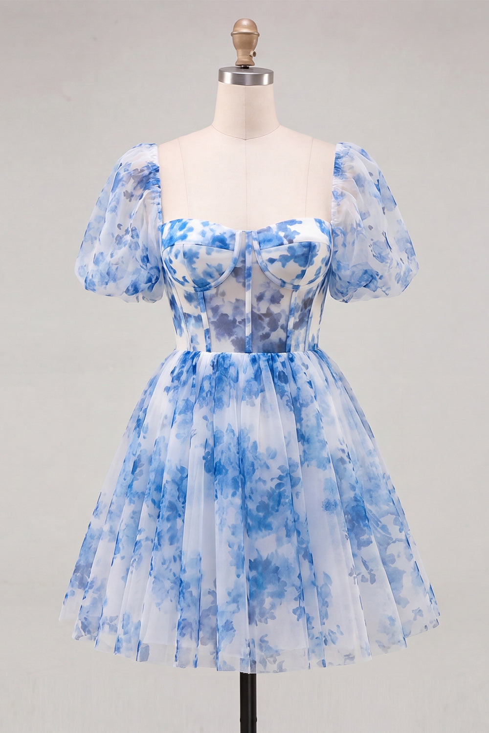 Floral Dusty Sage Square Neck Short Corset Homecoming Dress with Sleeves