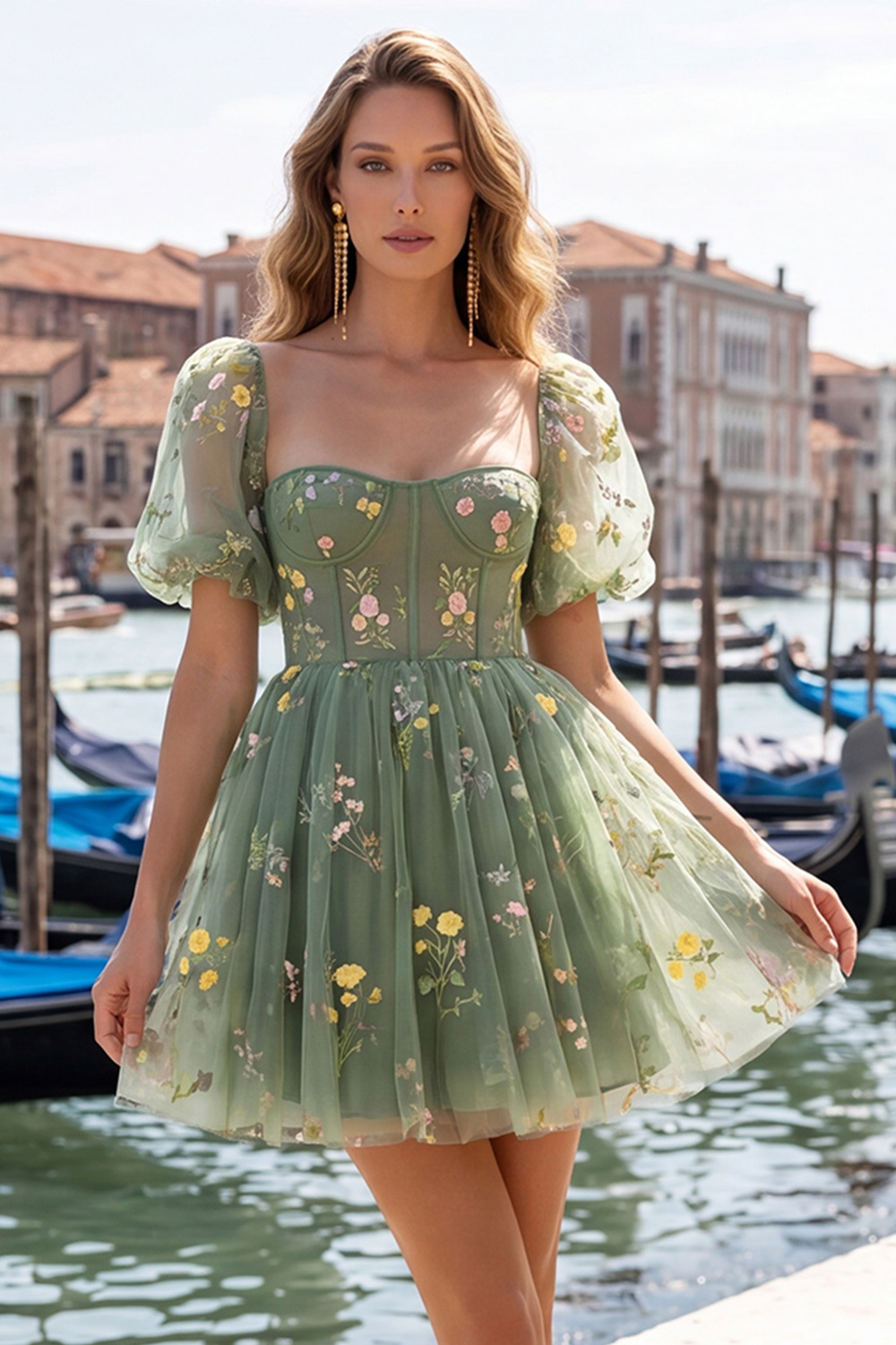 Dusty Sage Floral Short Corset Homecoming Dress with Sleeves Lace-Up Back Square Neck A-Line Cocktail Dress