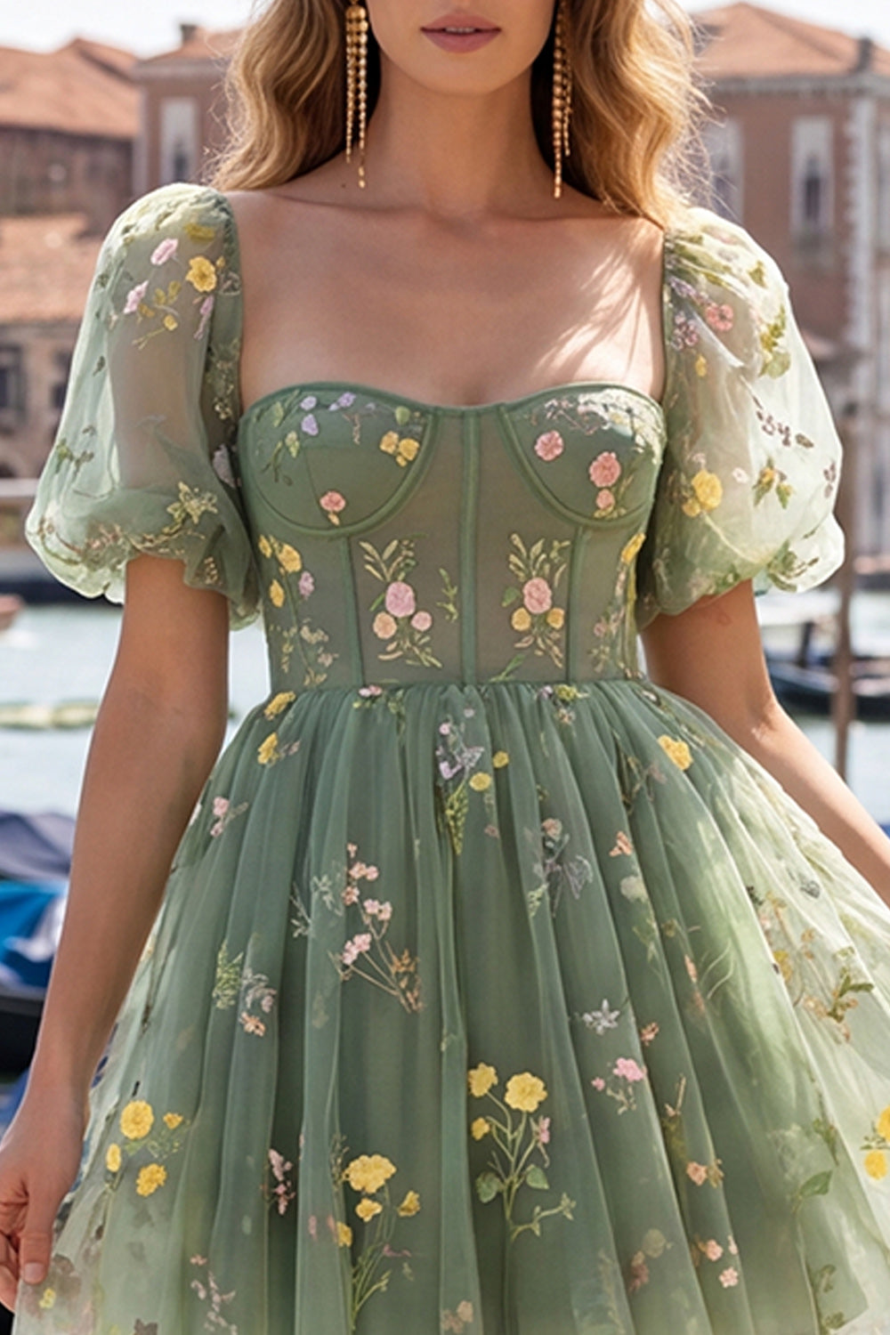 Floral Dusty Sage Square Neck Short Corset Homecoming Dress with Sleeves