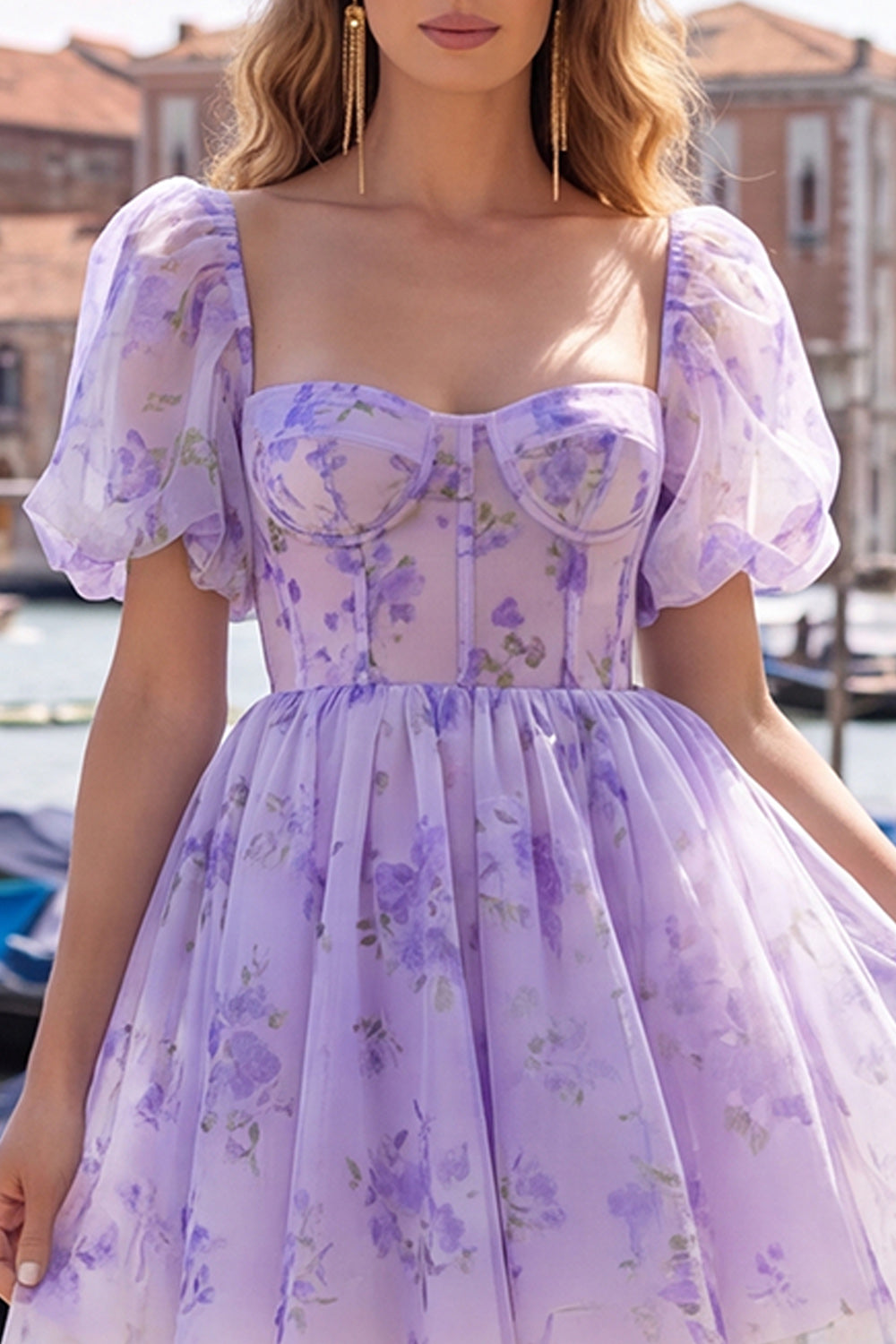 Floral Dusty Sage Square Neck Short Corset Homecoming Dress with Sleeves
