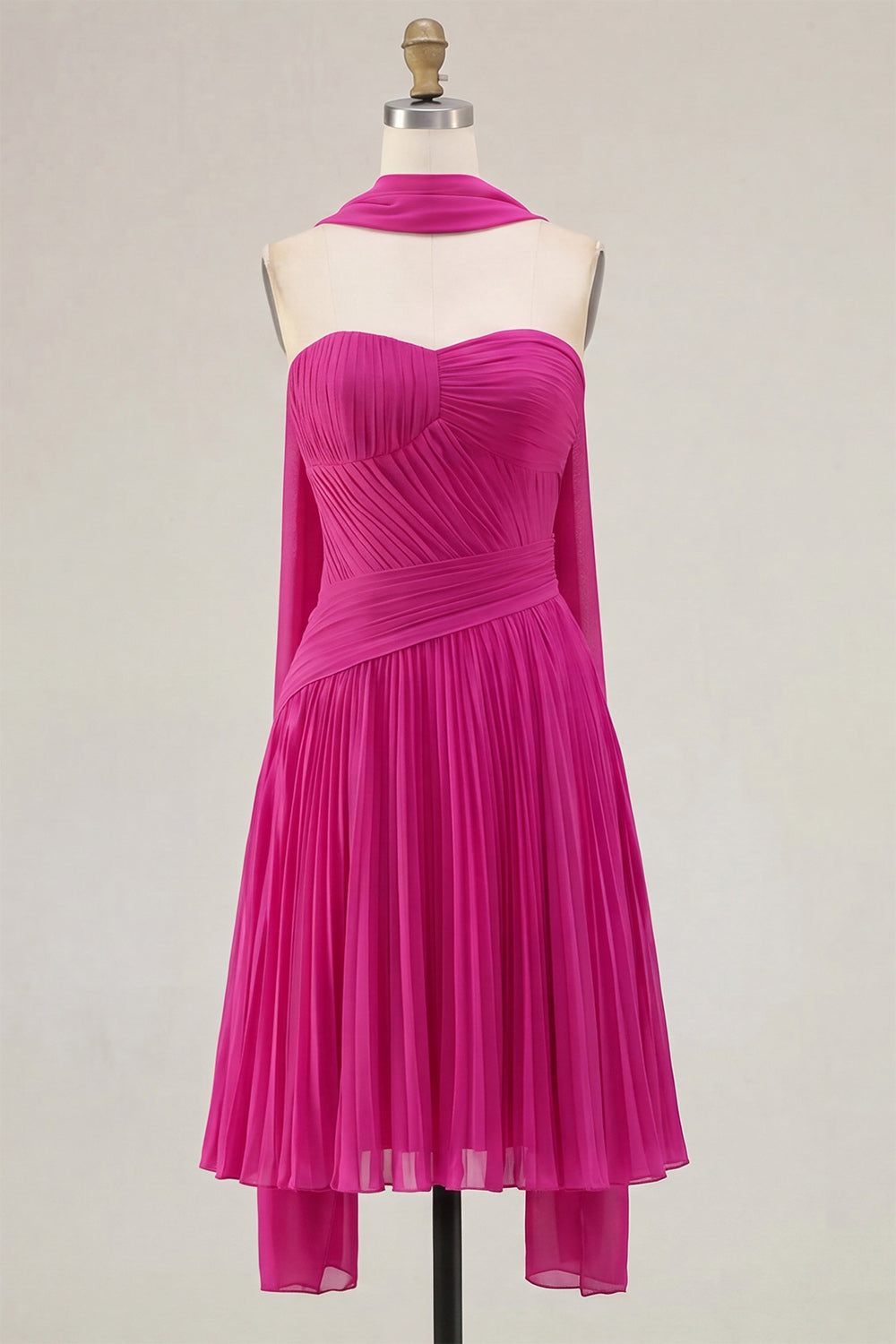 Pink Pleated A-Line Sweetheart Short Homecoming Dress with Neck Scarf