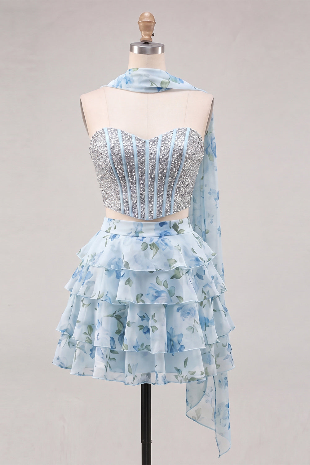 Sparkly Floral Light Blue Corset A Line Short Homecoming Dress with Neck Scarf