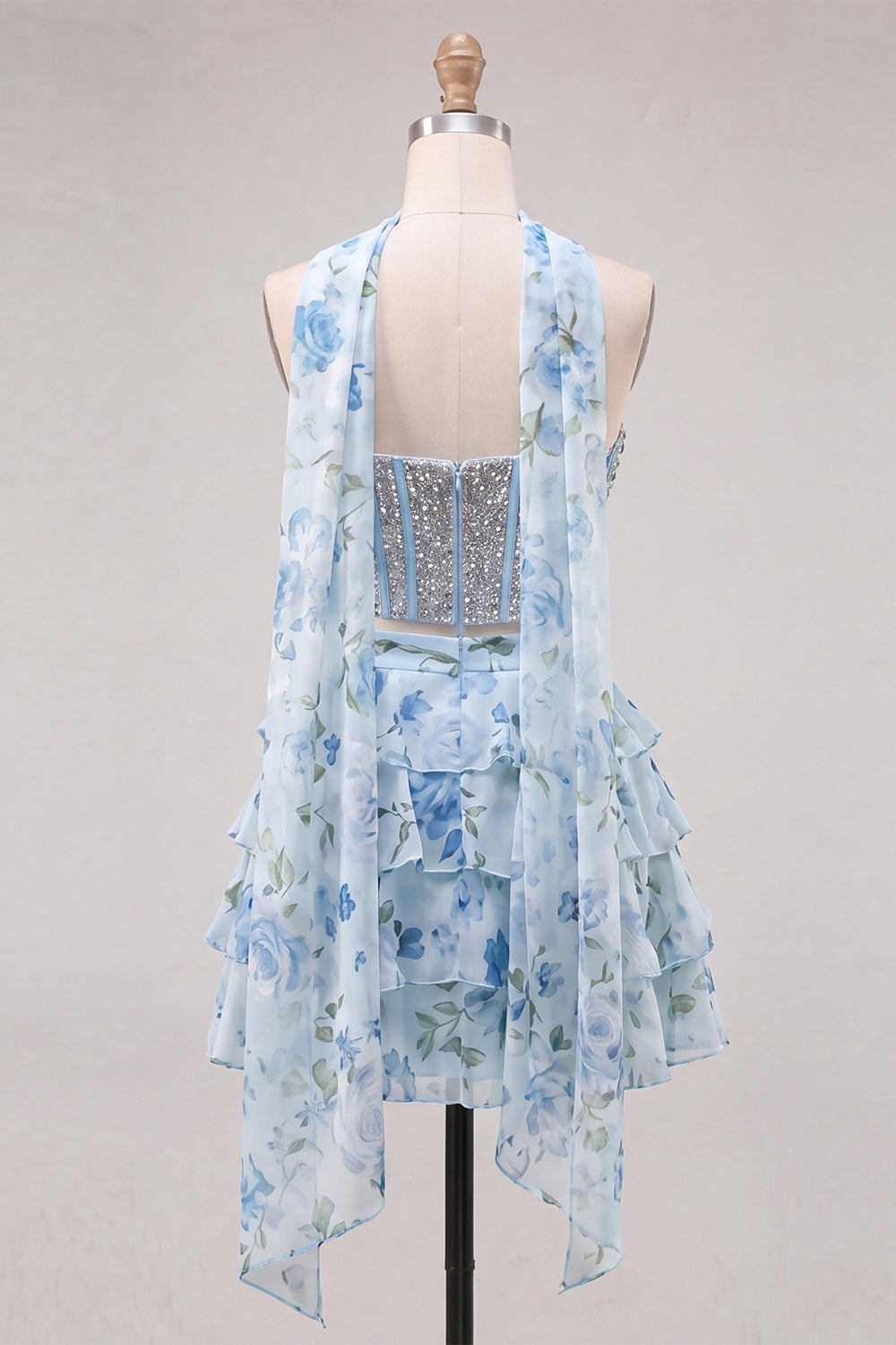 Sparkly Floral Light Blue Corset A Line Short Homecoming Dress with Neck Scarf