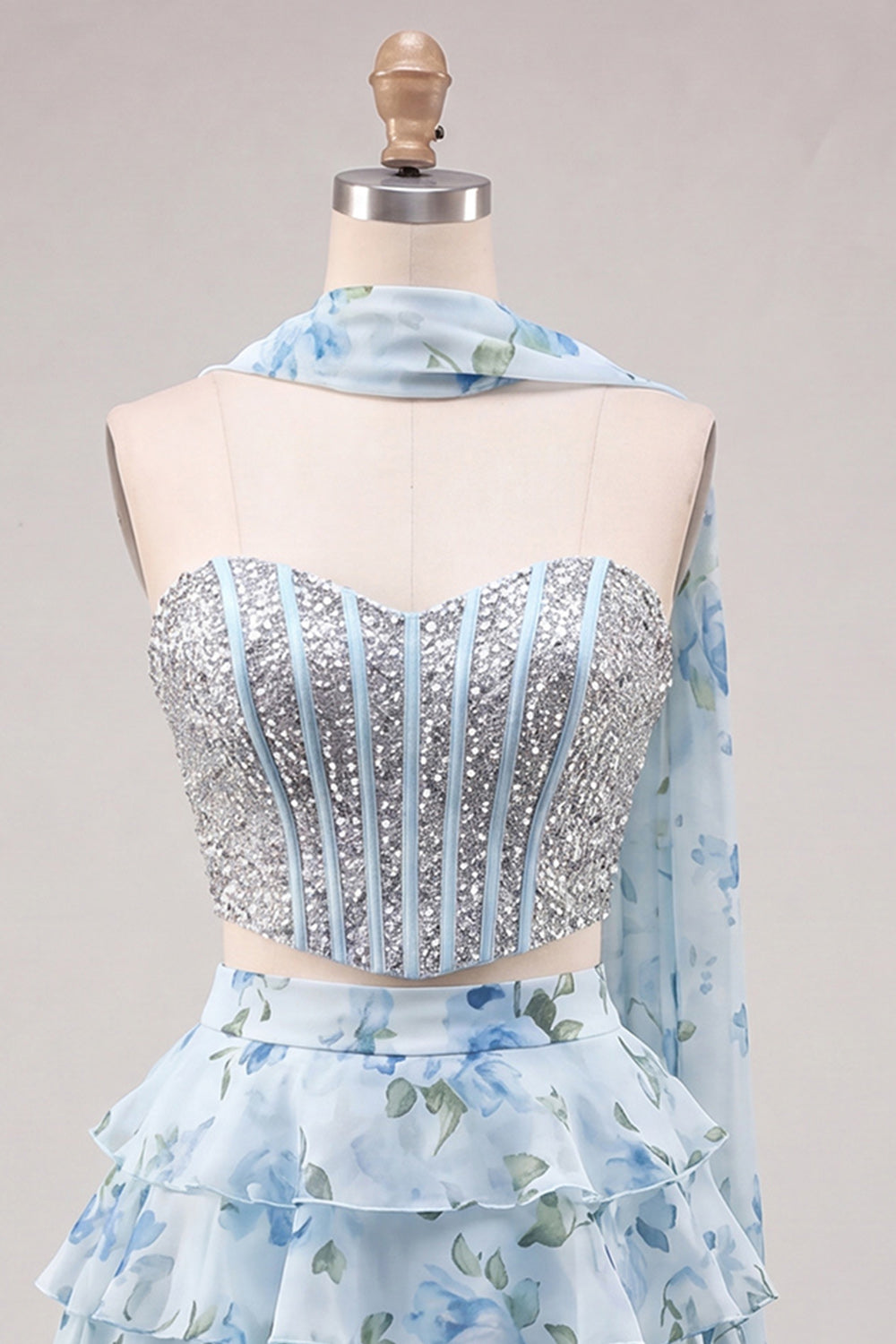 Sparkly Floral Light Blue Corset A Line Short Homecoming Dress with Neck Scarf