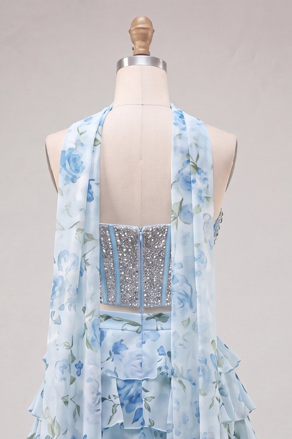 Sparkly Floral Light Blue Corset A Line Short Homecoming Dress with Neck Scarf