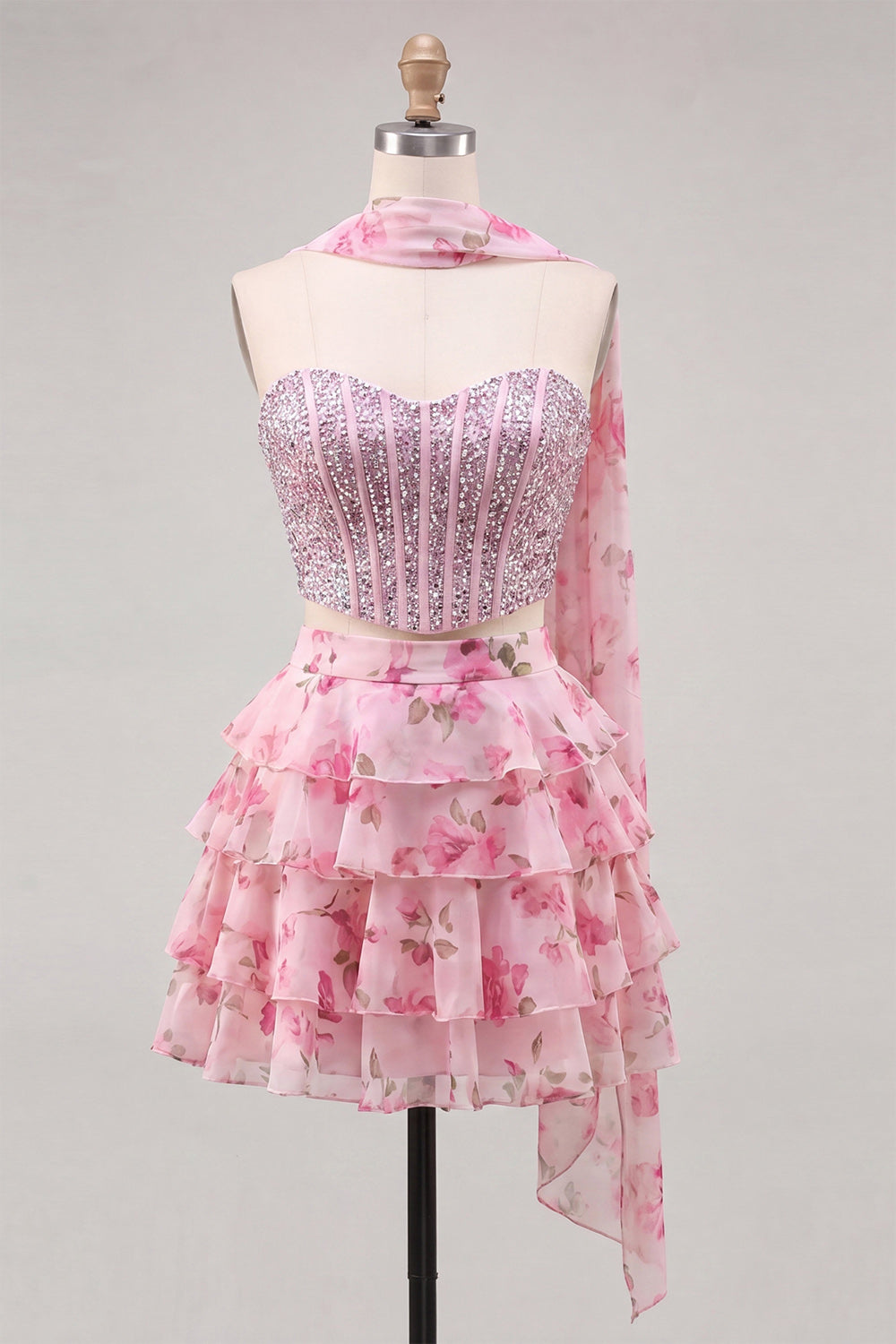 Sparkly Floral Light Blue Corset A Line Short Homecoming Dress with Neck Scarf