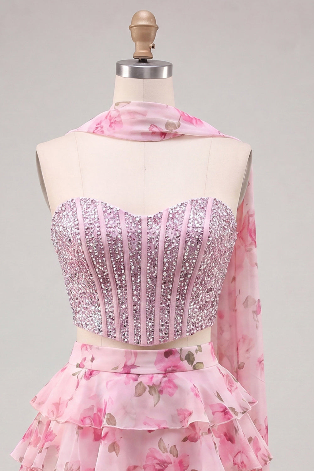 Sparkly Floral Light Blue Corset A Line Short Homecoming Dress with Neck Scarf