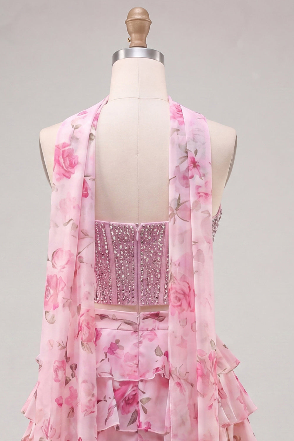 Sparkly Floral Light Blue Corset A Line Short Homecoming Dress with Neck Scarf