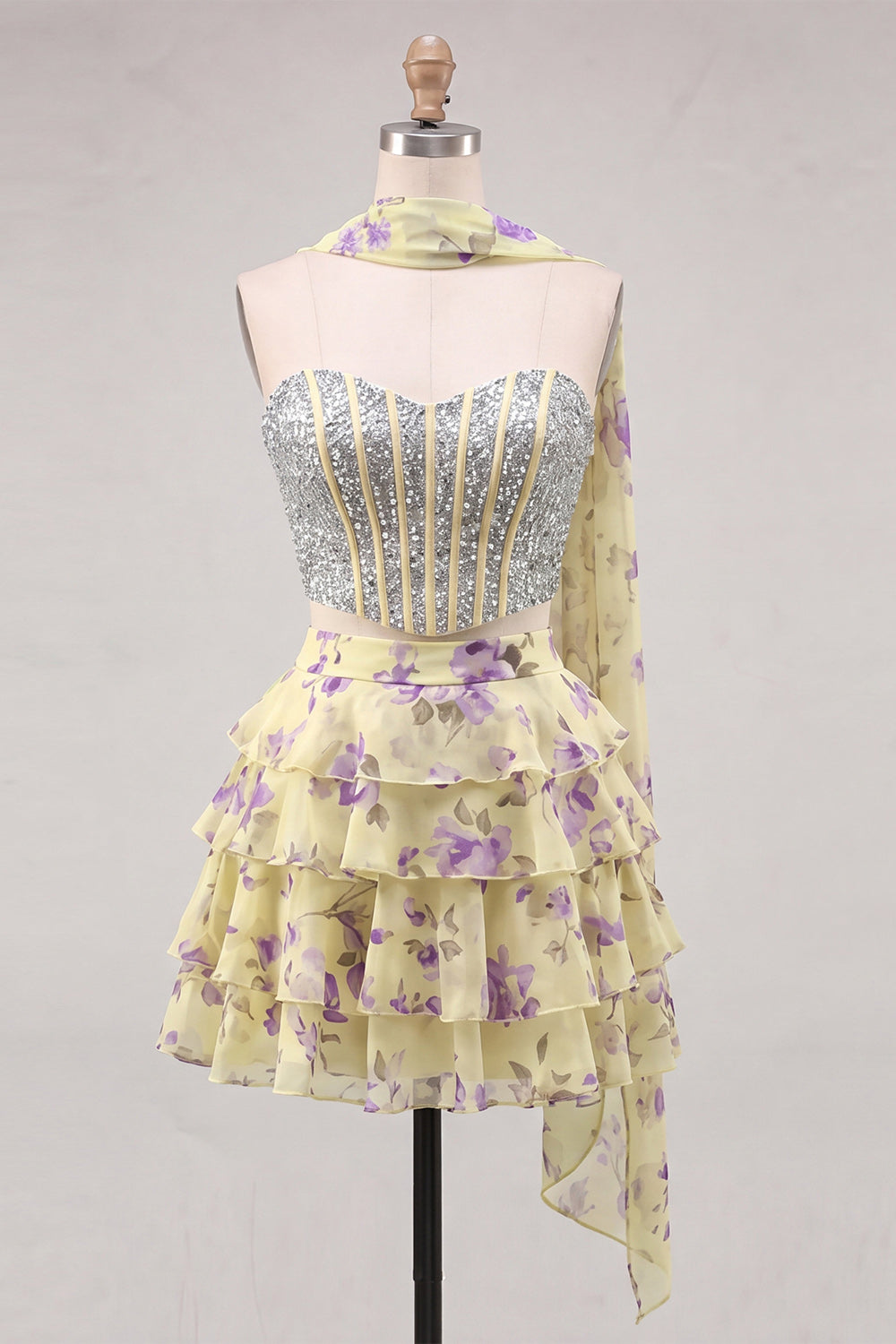 Sparkly Floral Light Blue Corset A Line Short Homecoming Dress with Neck Scarf