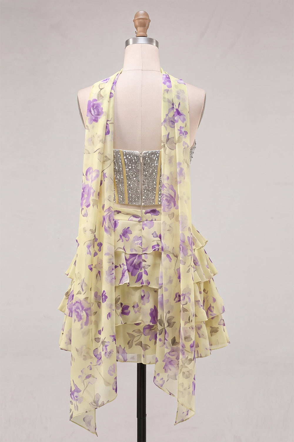 Sparkly Floral Light Blue Corset A Line Short Homecoming Dress with Neck Scarf