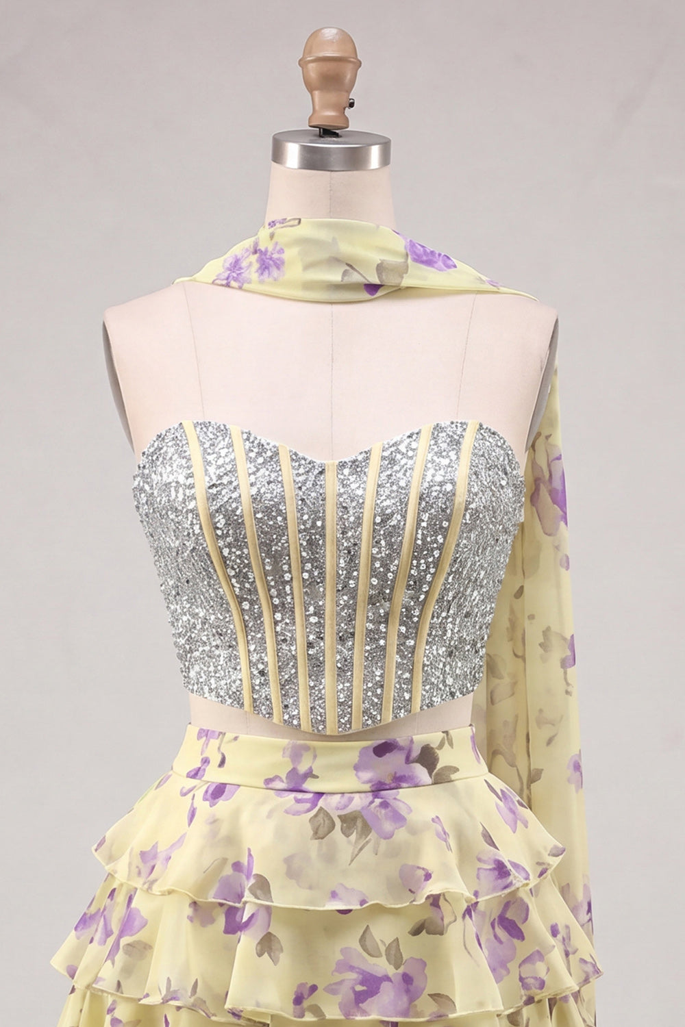 Sparkly Floral Light Blue Corset A Line Short Homecoming Dress with Neck Scarf
