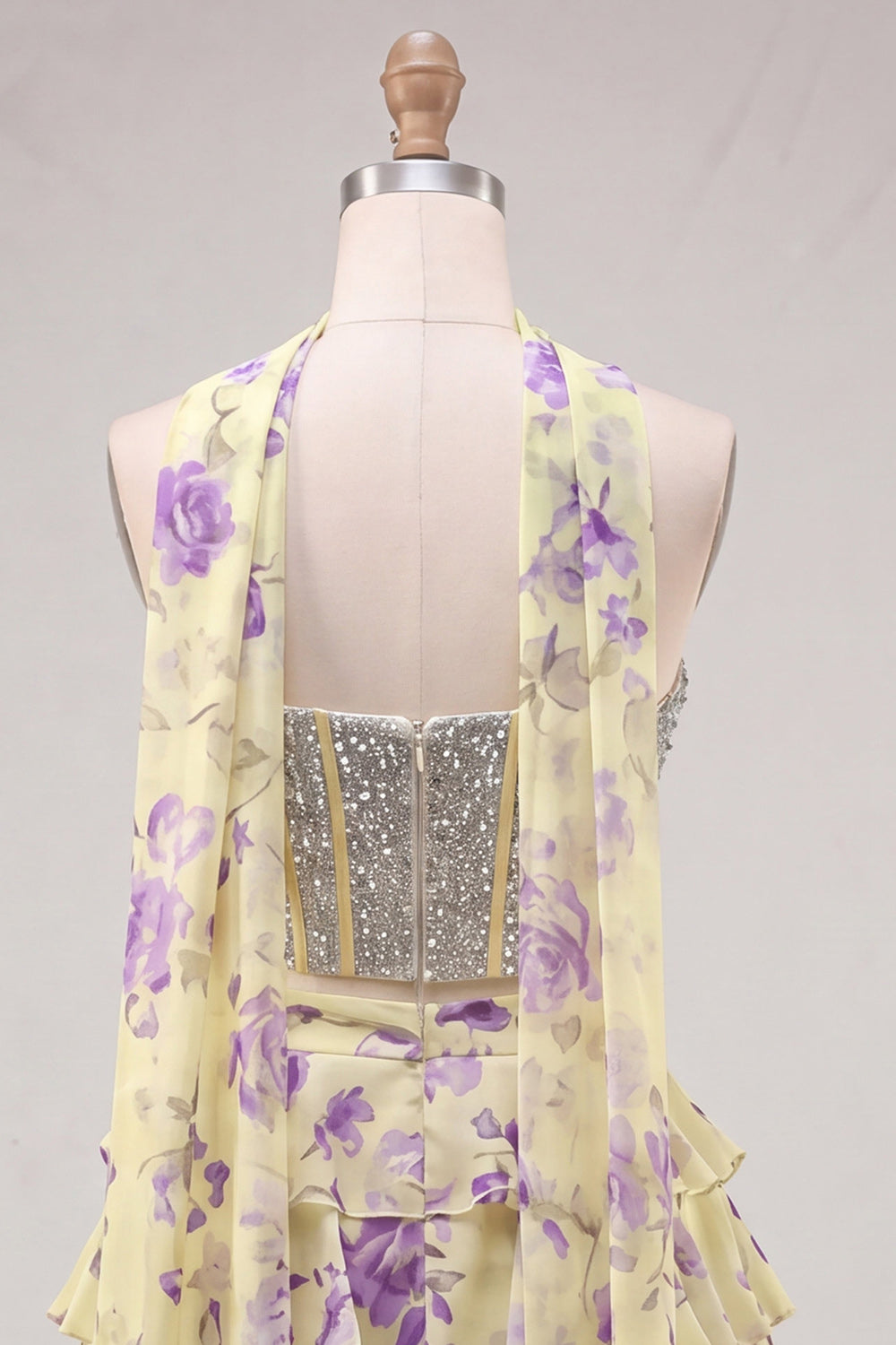 Sparkly Floral Light Blue Corset A Line Short Homecoming Dress with Neck Scarf