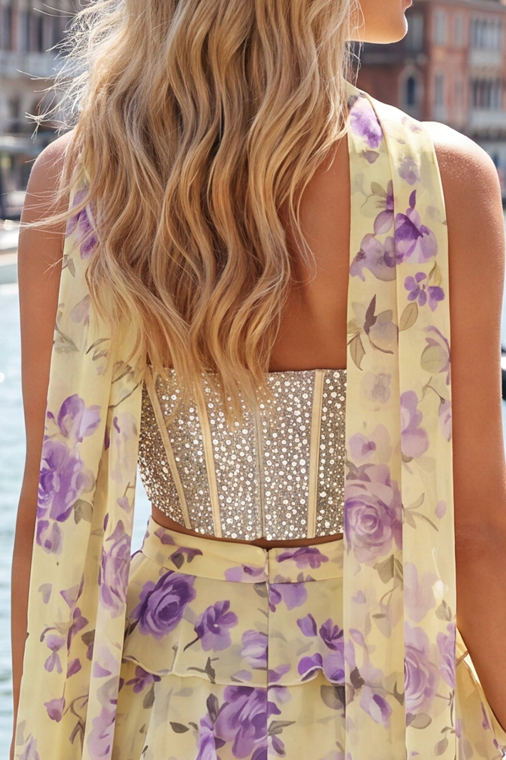 Sparkly Floral Light Blue Corset A Line Short Homecoming Dress with Neck Scarf