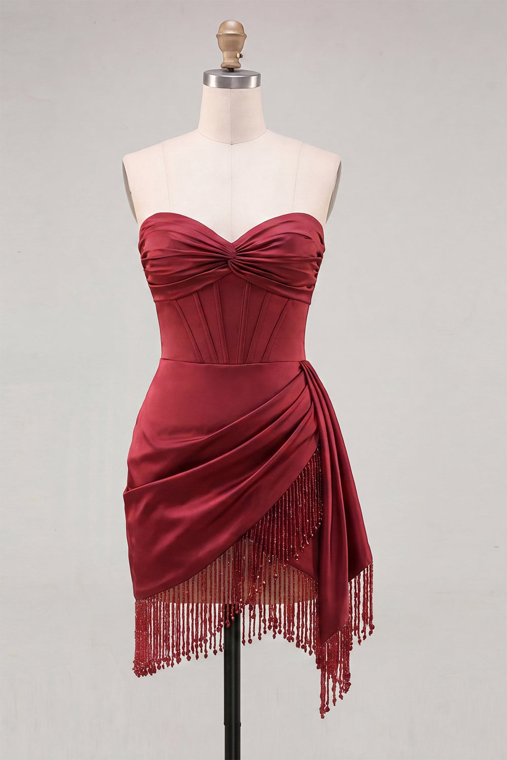 Gold Corset Satin Ruched Short Tight Homecoming Dress with Fringes