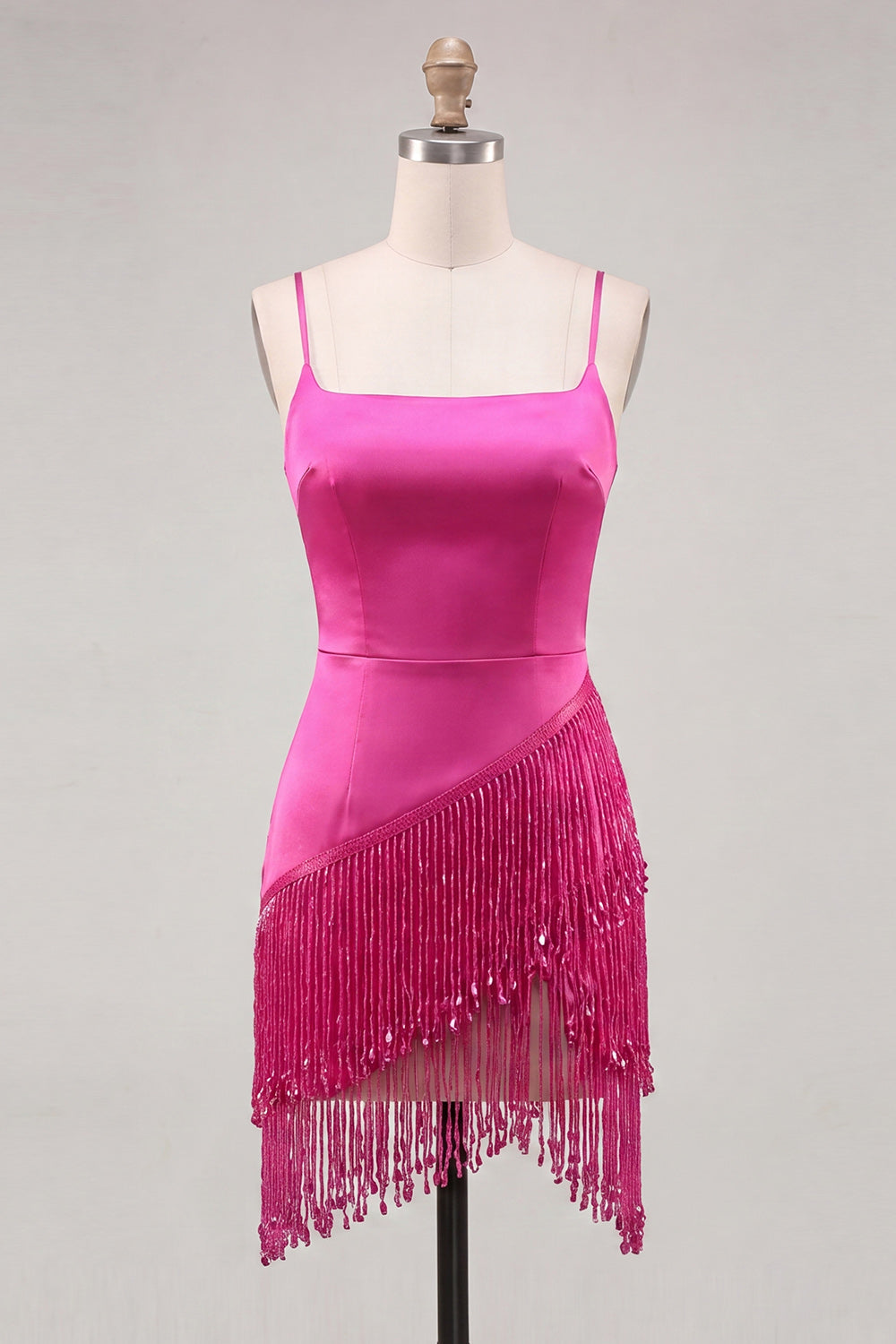 Gold Beaded Satin Tight Short Homecoming Dress with Fringes
