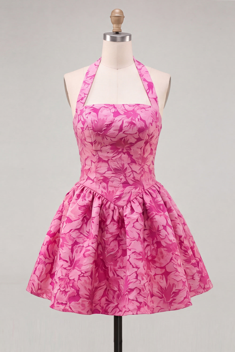 Floral Light Blue Halter Jacquard A-Line Short Homecoming Dress