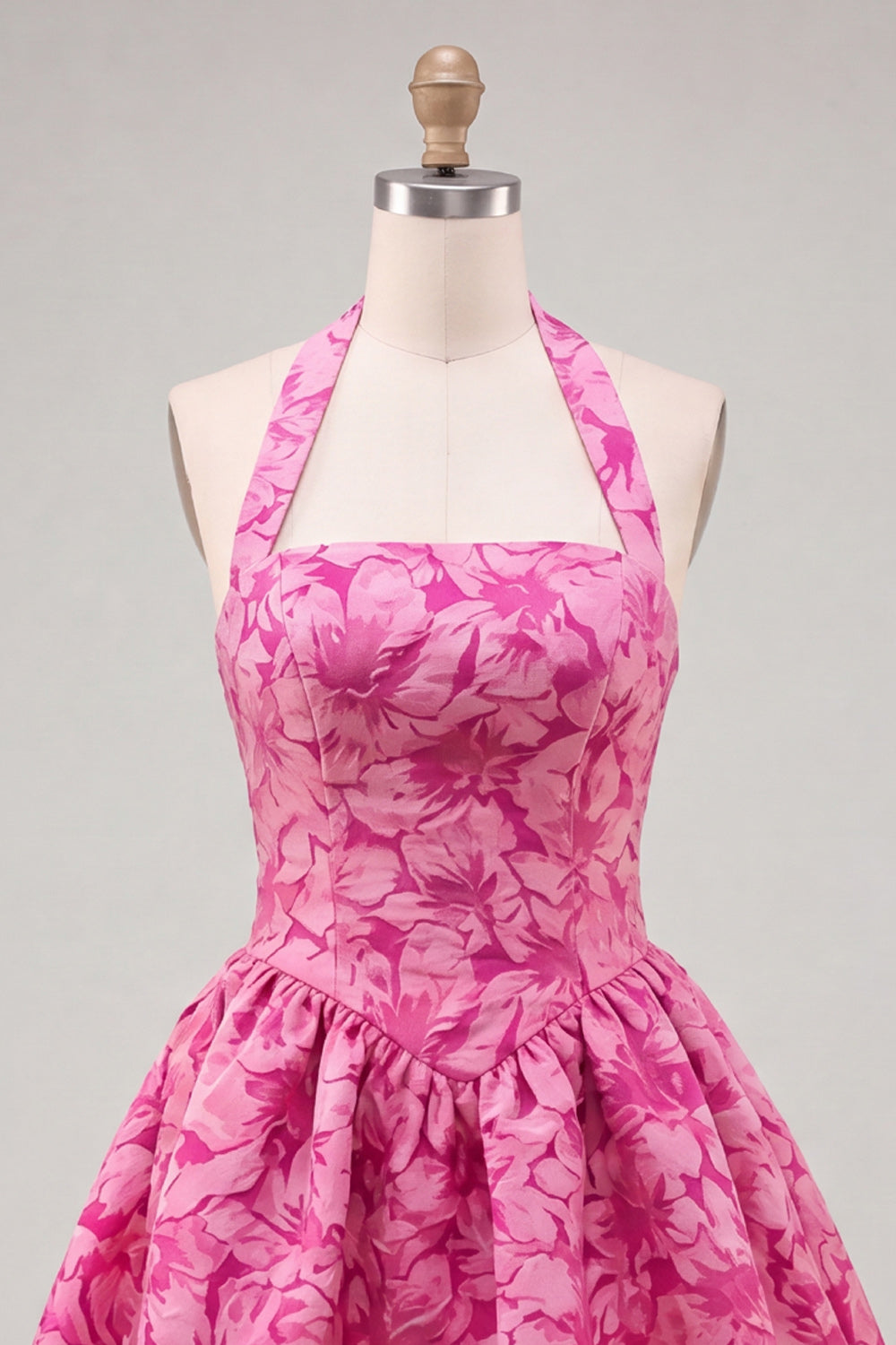 Floral Light Blue Halter Jacquard A-Line Short Homecoming Dress