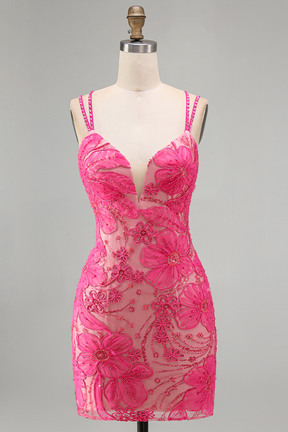 Floral Fuchsia Beaded Spaghetti Straps Tight Short Homecoming Dress