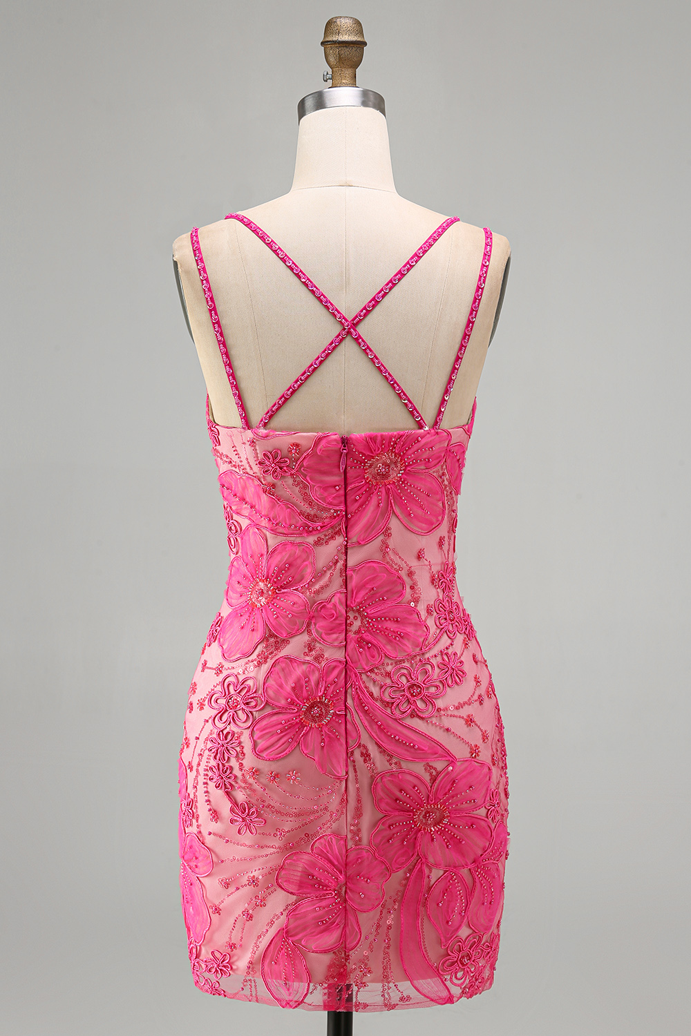 Floral Fuchsia Beaded Spaghetti Straps Tight Short Homecoming Dress