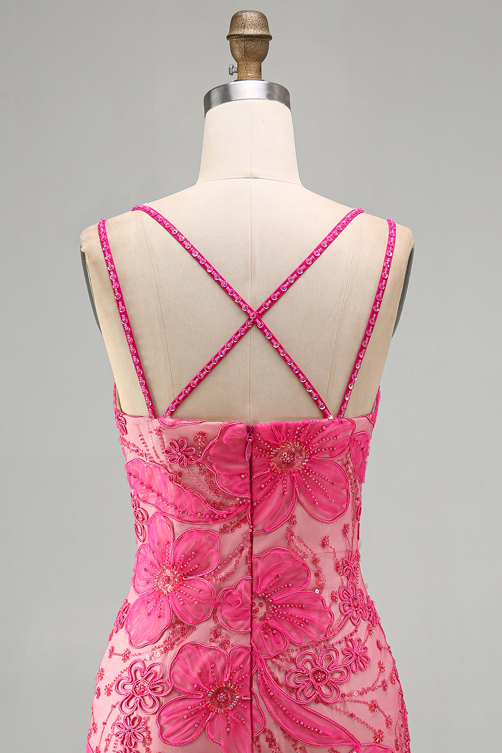 Floral Fuchsia Beaded Spaghetti Straps Tight Short Homecoming Dress