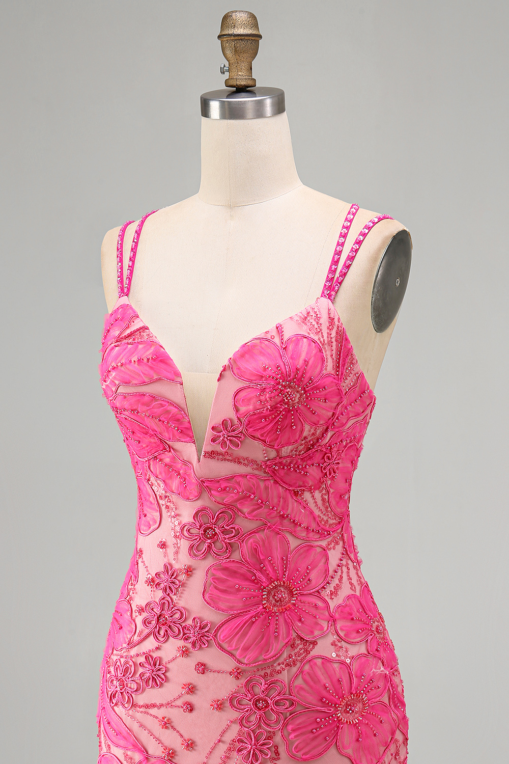 Floral Fuchsia Beaded Spaghetti Straps Tight Short Homecoming Dress