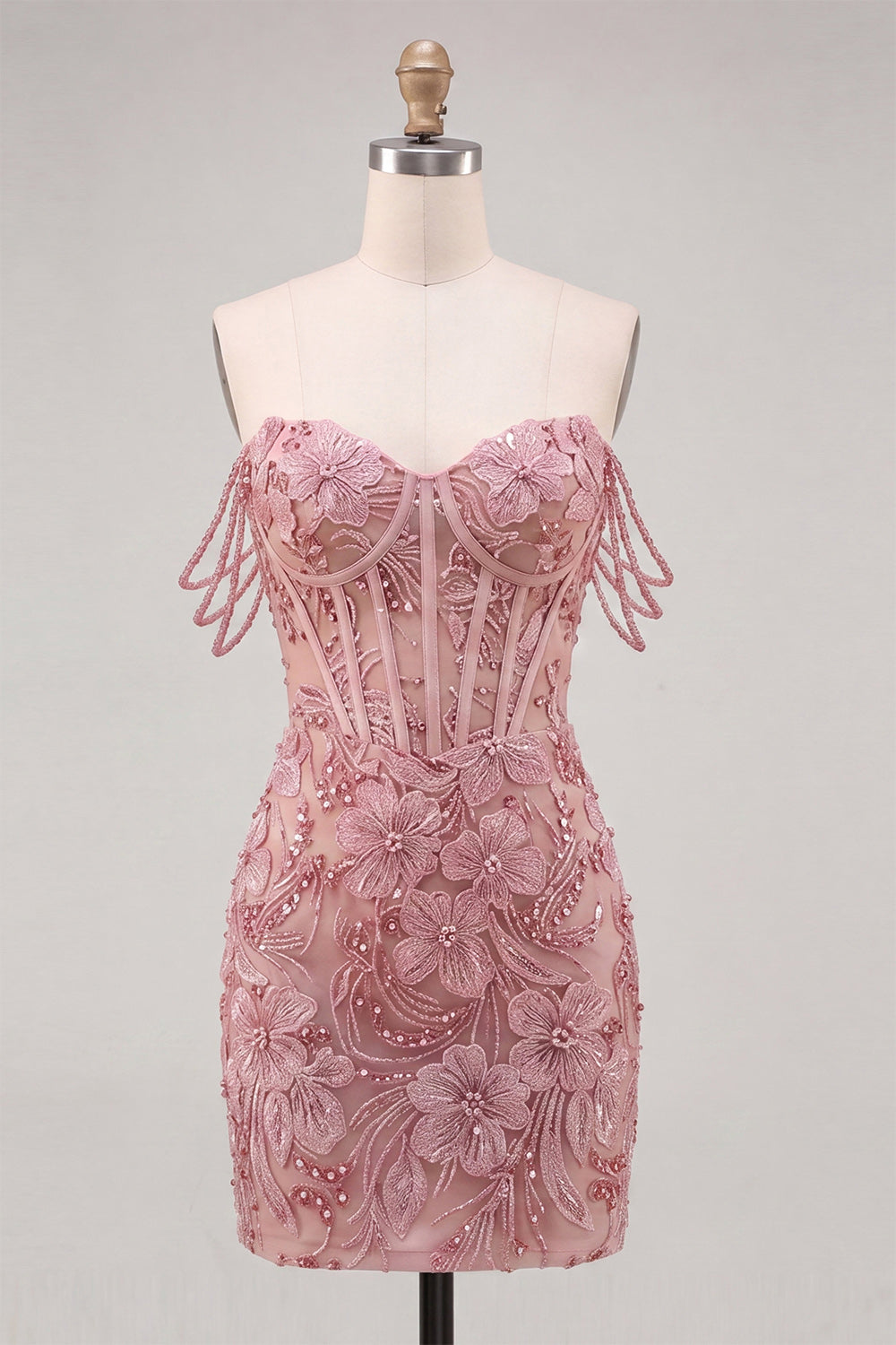 Floral Blue Beaded Corset Tight Short Homecoming Dress