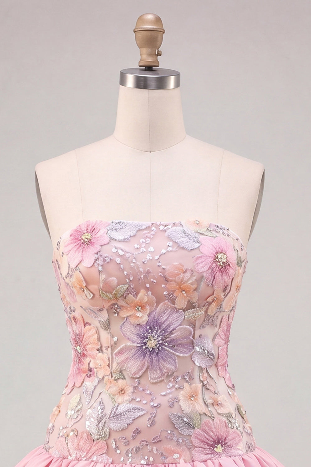 Floral Light Yellow Strapless Tiered Short A-Line Homecoming Dress