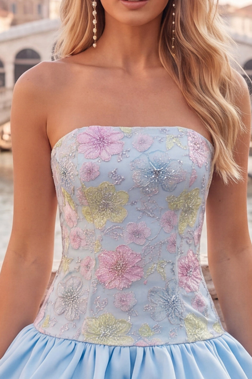 Floral Light Yellow Strapless Tiered Short A-Line Homecoming Dress