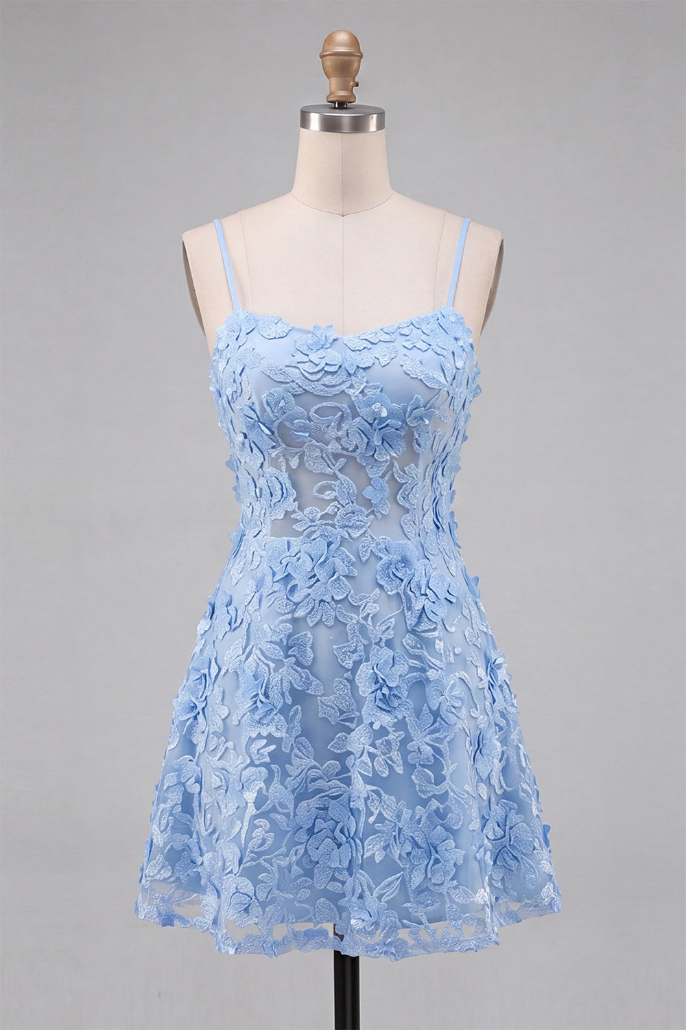 Light Blue Appliqued Spaghetti Straps A-Line Short Homecoming Dress