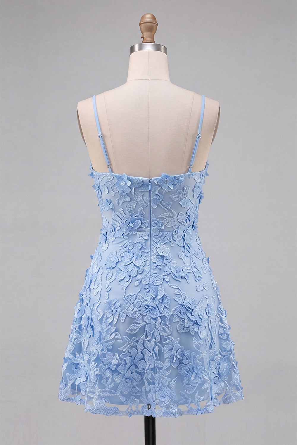 Light Blue Appliqued Spaghetti Straps A-Line Short Homecoming Dress