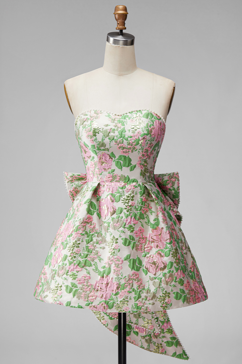 Blue Flower Jacquard Short A-Line Homecoming Dress with Bow