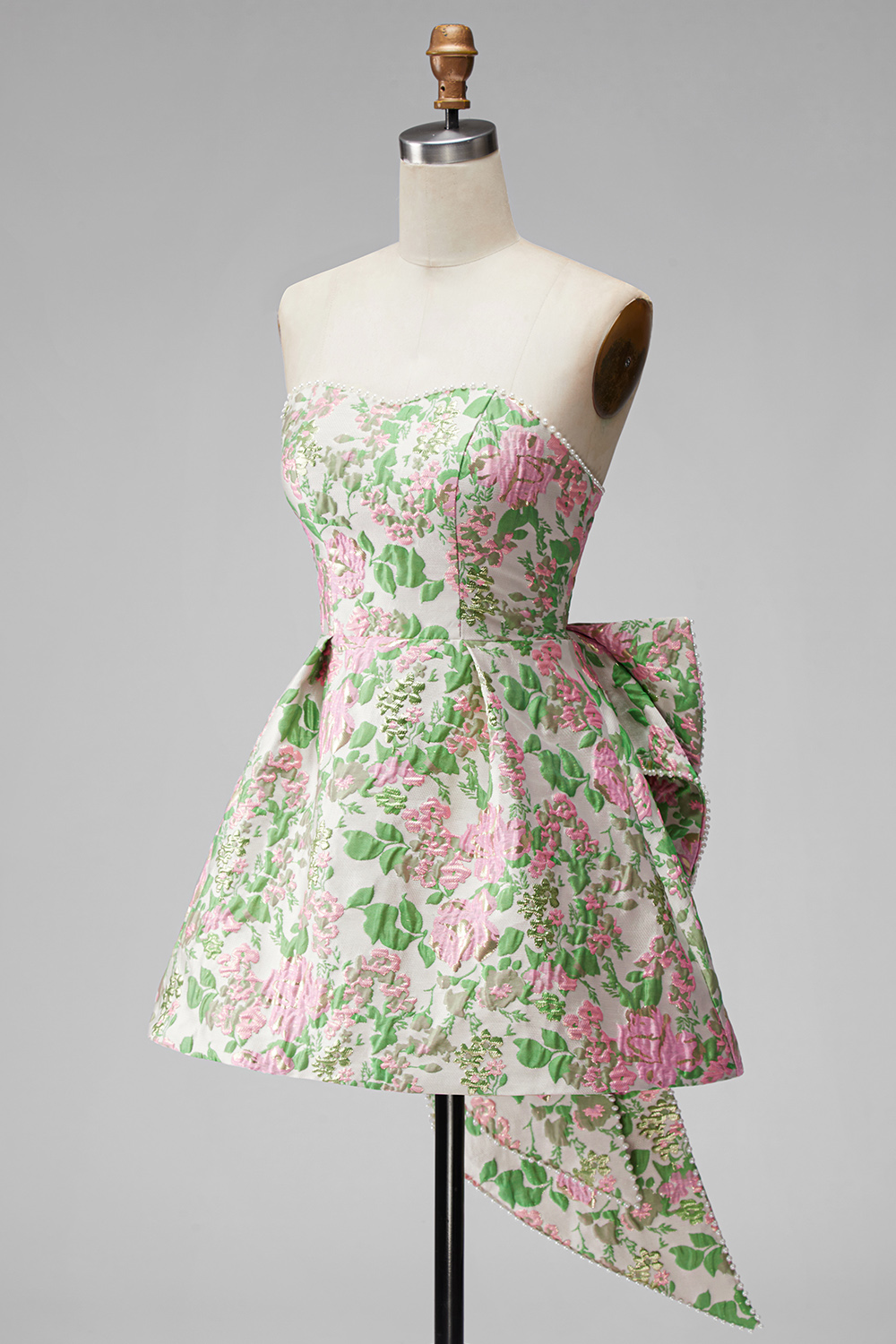 Blue Flower Jacquard Short A-Line Homecoming Dress with Bow