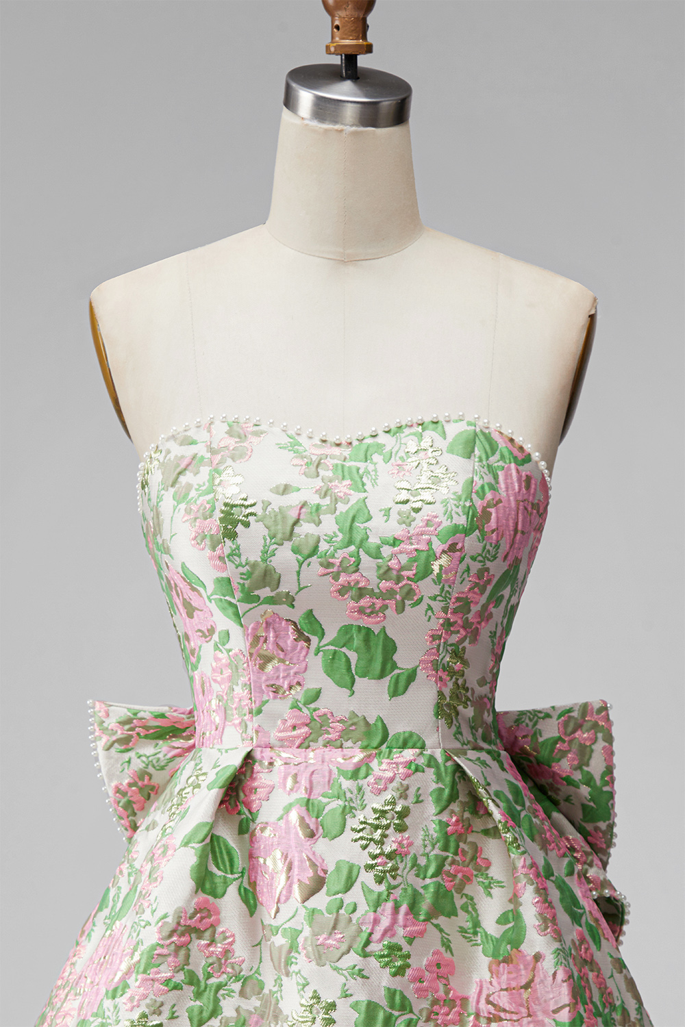 Blue Flower Jacquard Short A-Line Homecoming Dress with Bow
