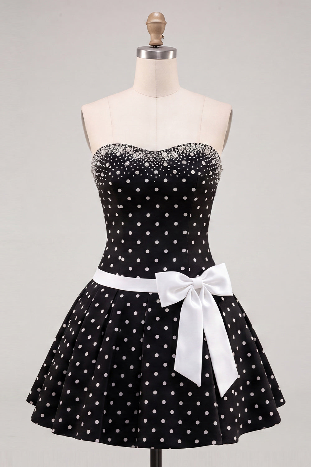Black White Dots Beaded A-Line Short Homecoming Dress