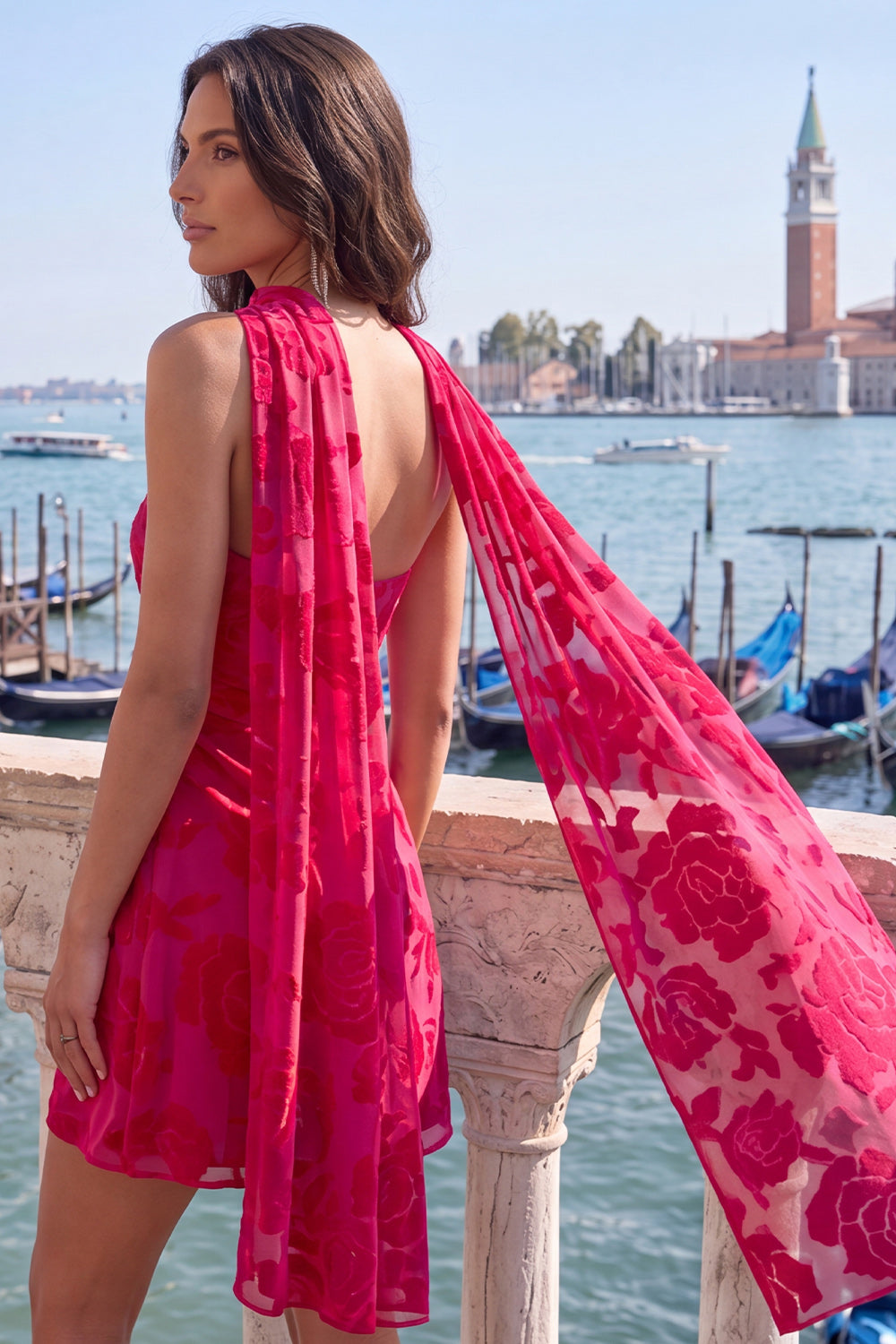 Fuchsia Floral Ruched Tight Short Homecoming Dress