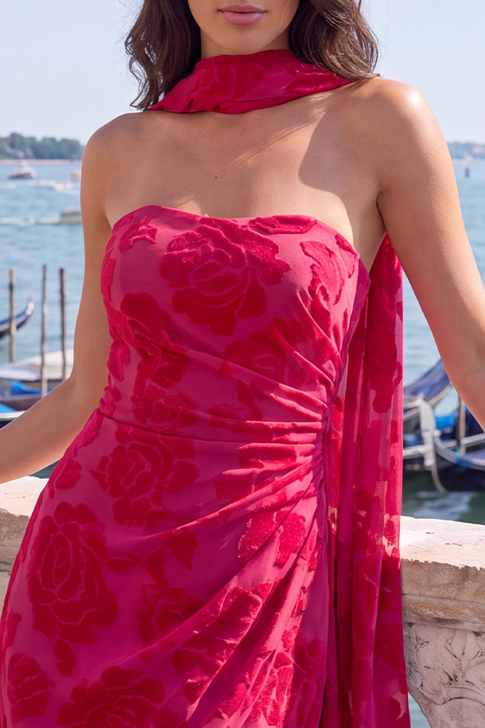 Fuchsia Floral Ruched Tight Short Homecoming Dress